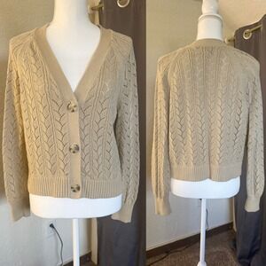 LOFT Womens Tan Pointelle Knit Button Front Cotton Cardigan Sweater Large NWT